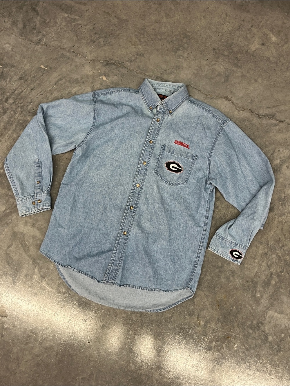 Embroidered Light Blue Denim Button-Down Shirt with Chest Logo